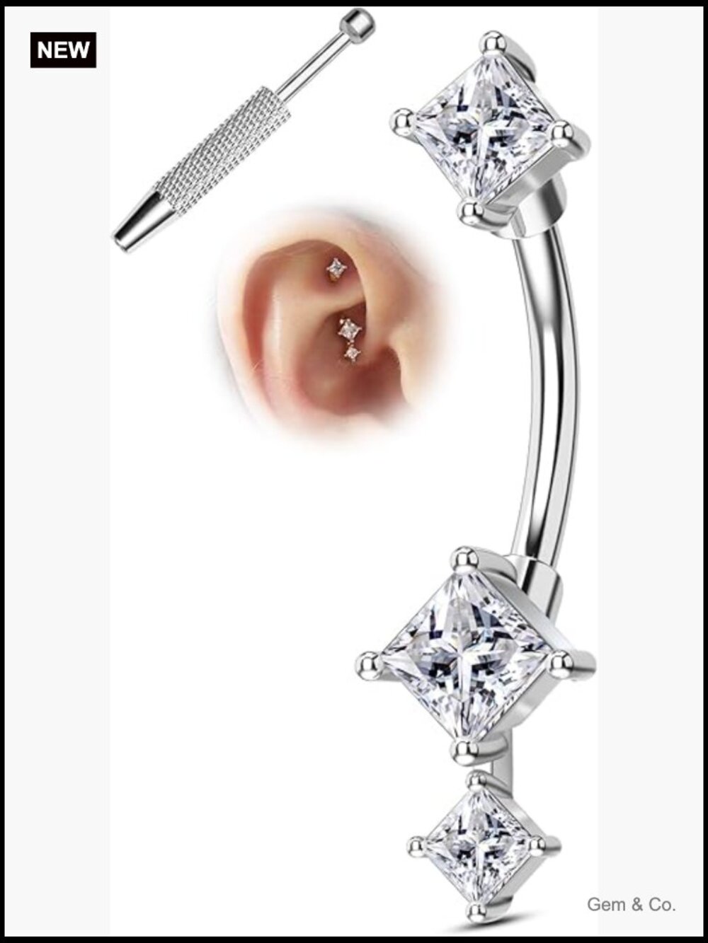 Rook Earrings 8mm Silver Stainless Steel Clear CZ 16G Curved Barbell